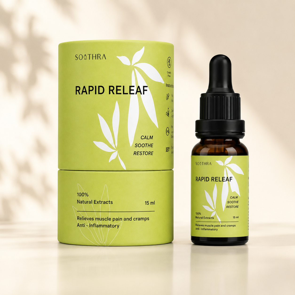 Soothra Rapid Releaf Ayurvedic oil shown with its lime green cylindrical packaging box and a 15 ml amber glass dropper bottle on a warm beige background.