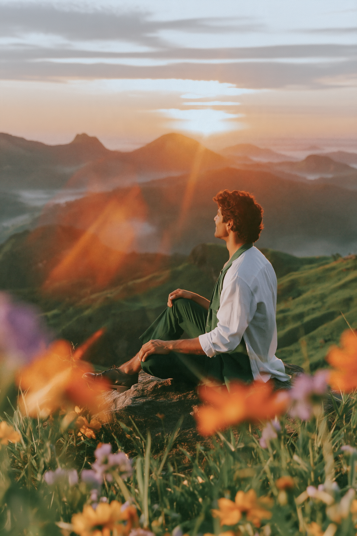Man watching the sunrise, calm and rested