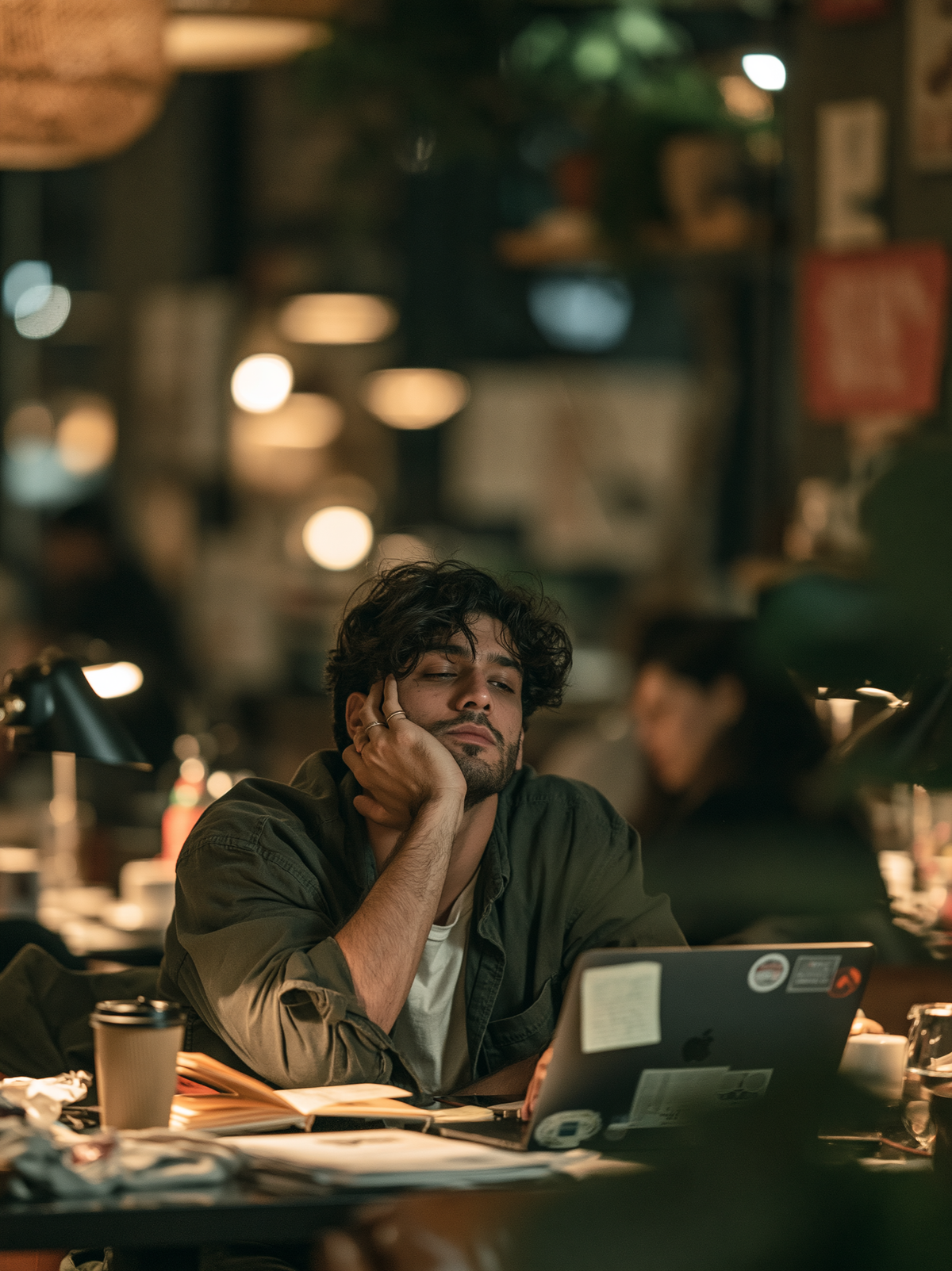 Man at his desk after a long, tiring workday